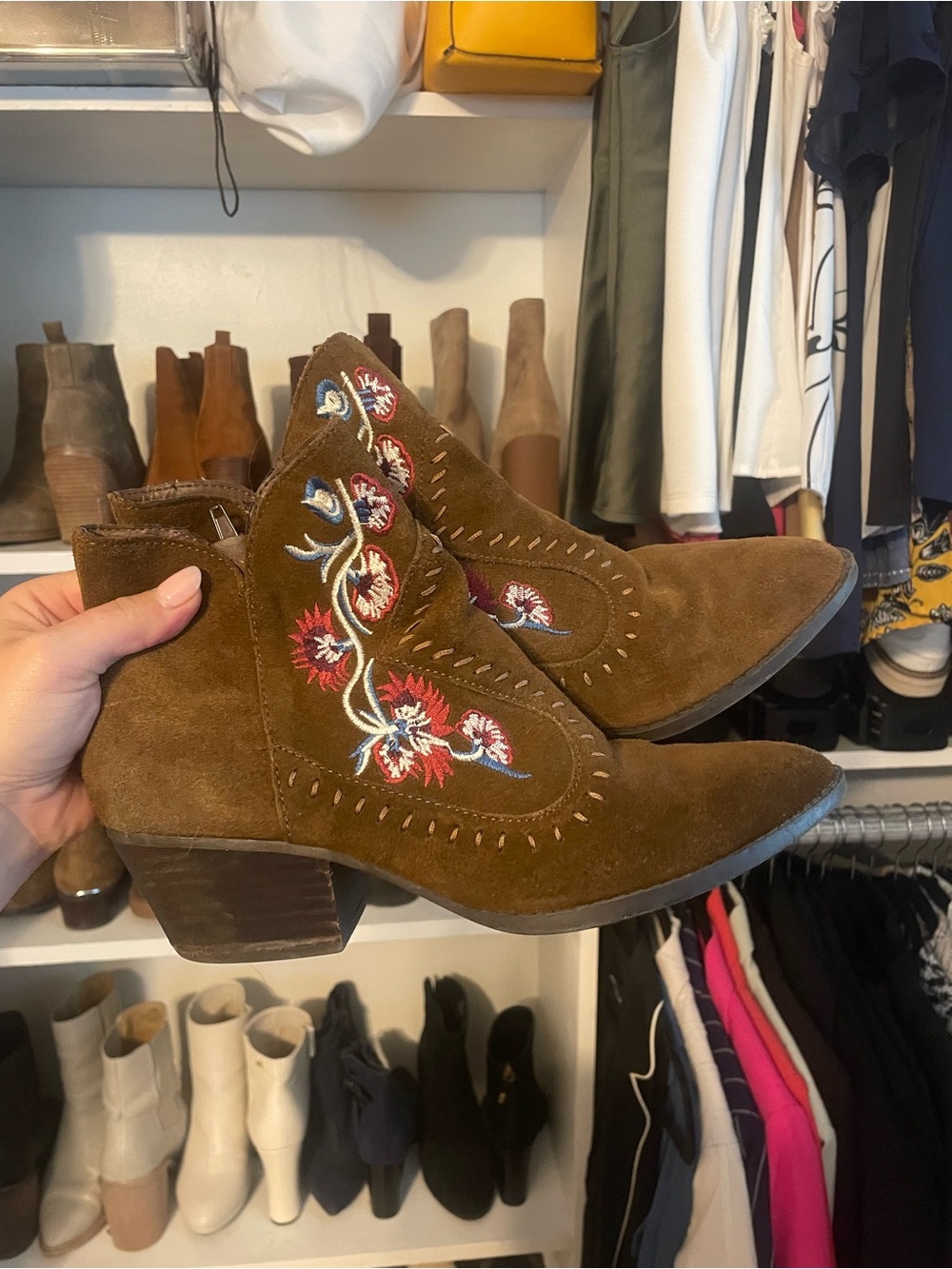 Embroidered Suede Western Ankle Boot - Brown
